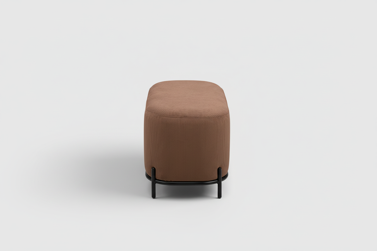 Brown ottoman with black metal legs on a white background