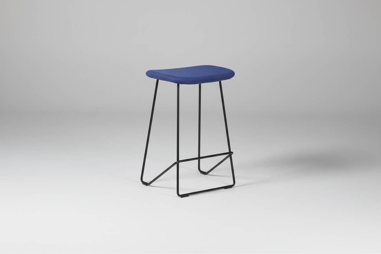 Blue stool with black metal legs on a white background