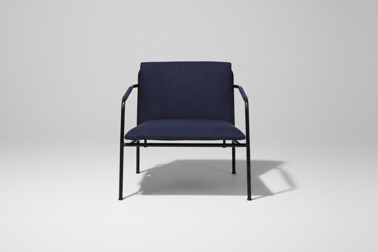 Navy blue chair with black frame on a white background