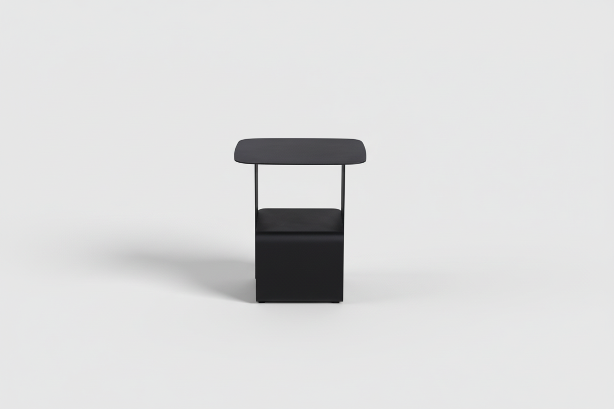 Black chair with a small table on a white background