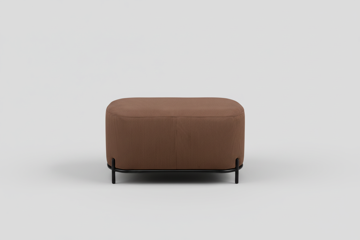 Brown ottoman with black metal legs on a white background