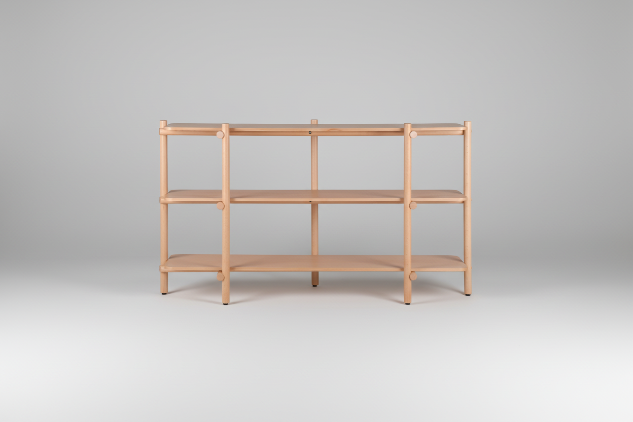 Wooden shelf with four shelves on a white background