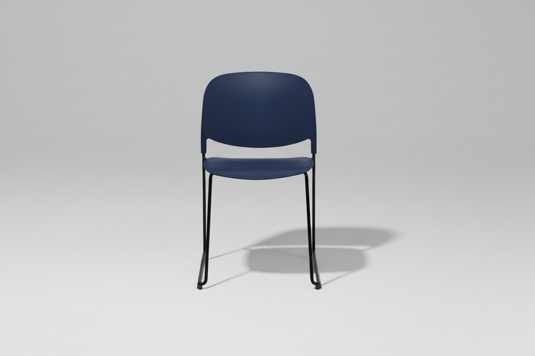 Blue chair with black legs on a gray background