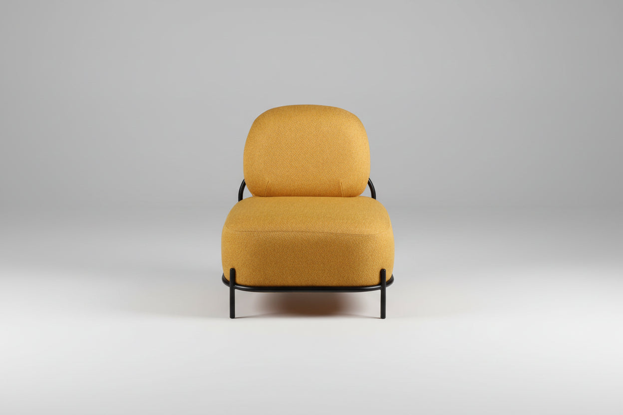 Yellow armchair with black metal frame on a white background