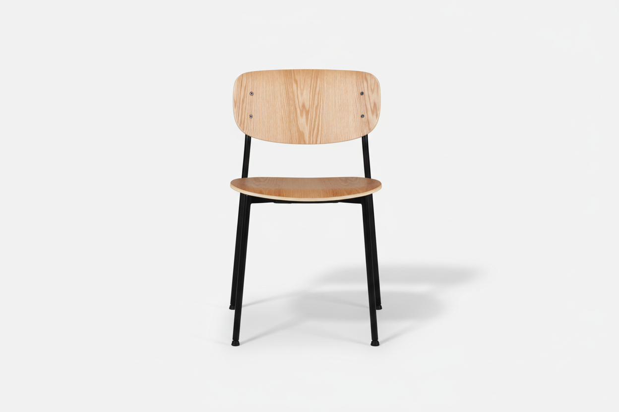 Wooden chair with black metal legs on a white background