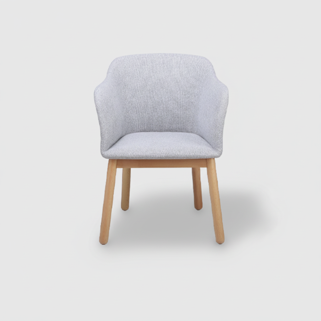 Chair with gray cushioned backrest and wooden legs on a white background