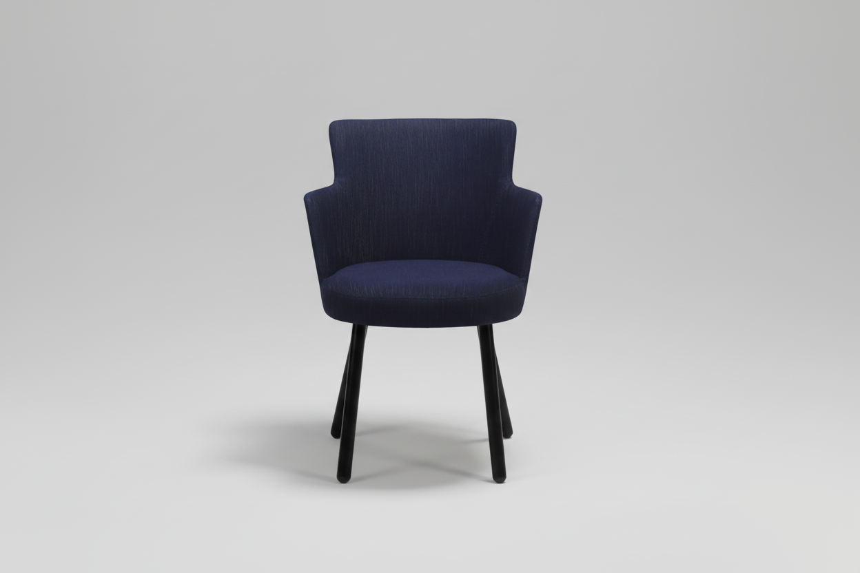 Blue chair with black legs on a white background