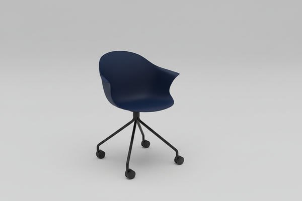 Modern chair with a dark blue seat and black legs on a white background