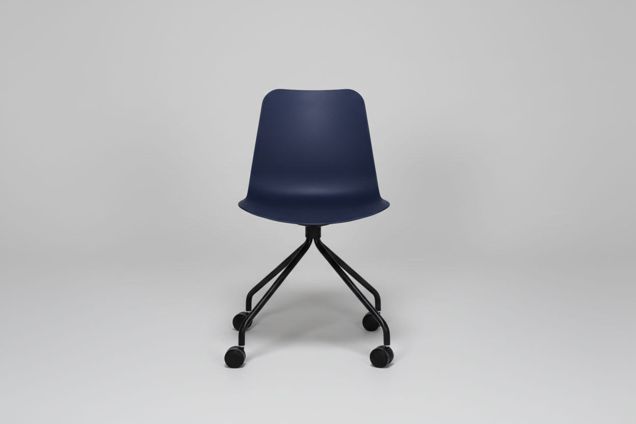 Blue office chair with black wheels on a white background
