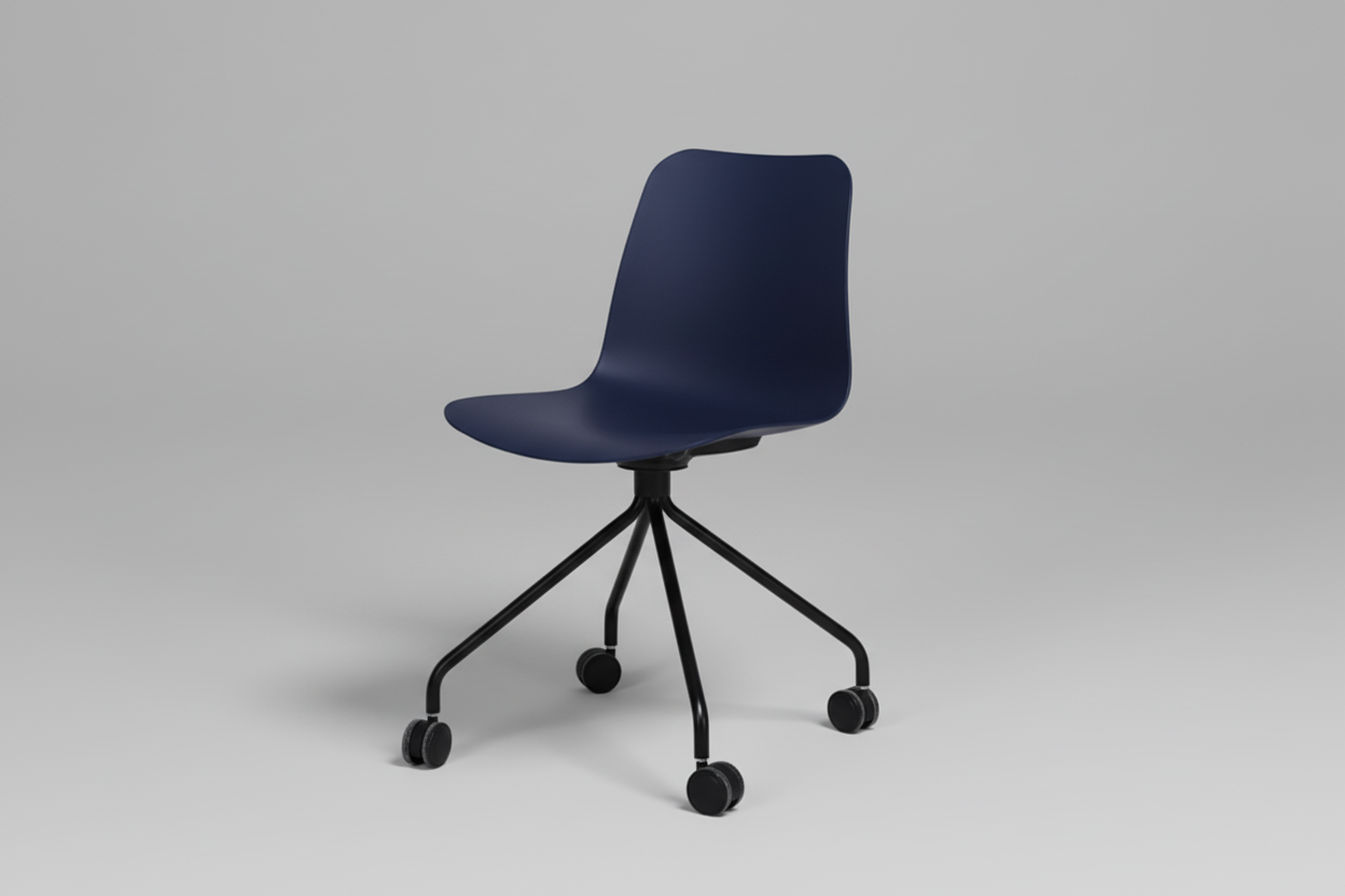 Blue office chair with black wheels on a white background