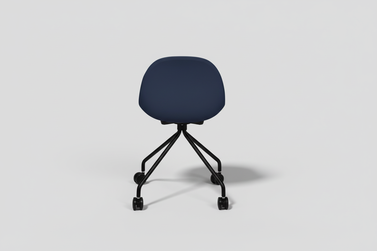 Blue office chair with black wheels on a white background