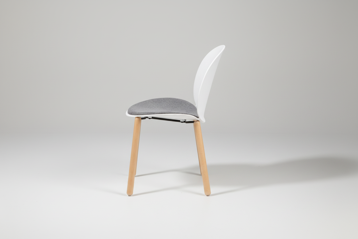 Chair with white backrest, gray cushion, and wooden legs on a white background