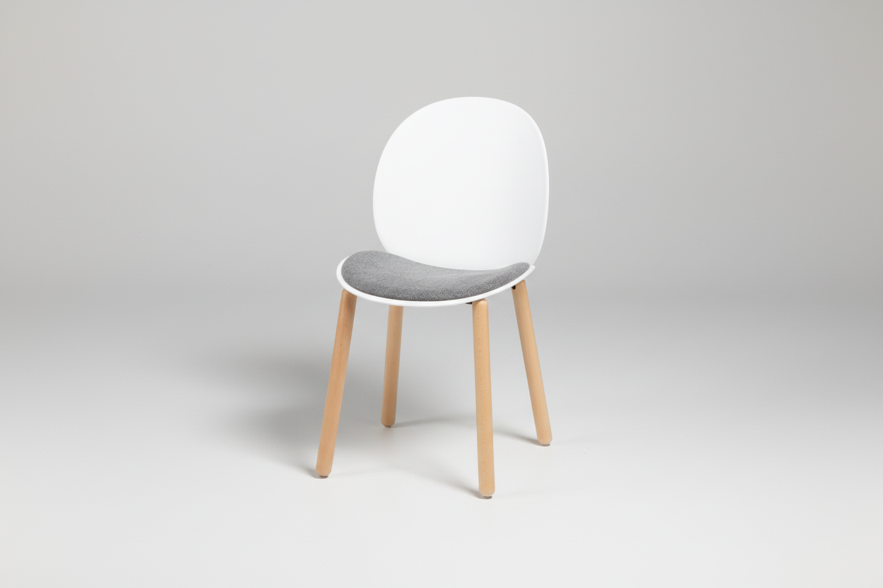 Chair with a gray cushioned seat and wooden legs on a white background