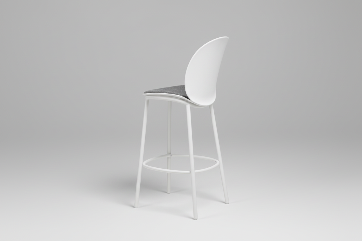 White bar stool with a gray seat on a white background