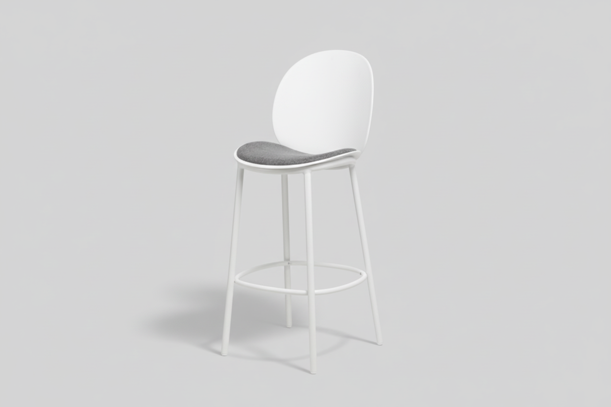 White bar stool with a gray seat on a white background