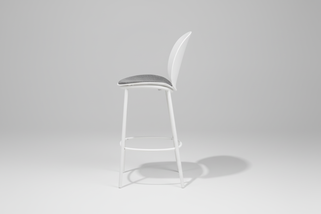 White bar stool with a gray cushion on a white background