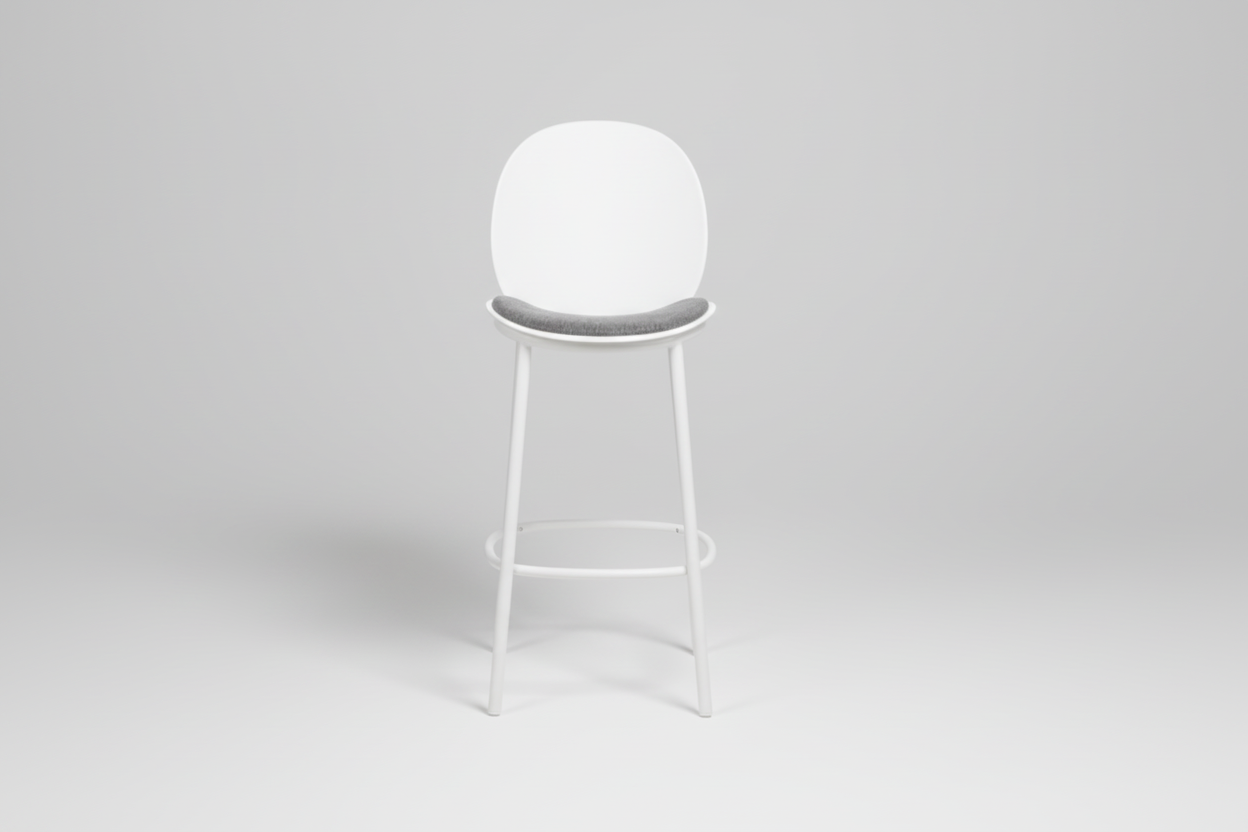 White bar stool with a gray seat on a white background