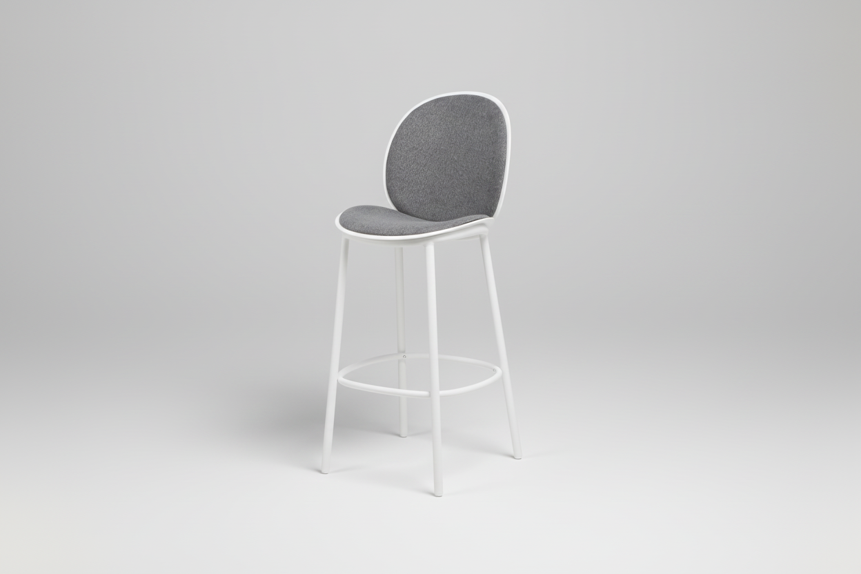 Bar stool with gray cushioned seat and white frame on a white background