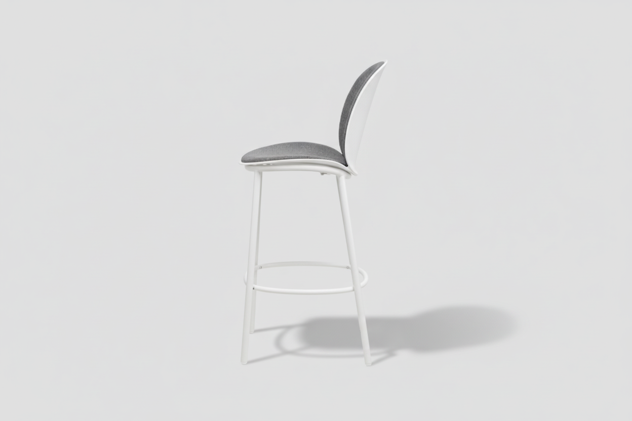 White bar stool with gray cushioned seat on a white background
