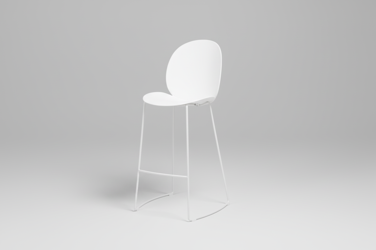 White bar stool with a minimalist design on a white background