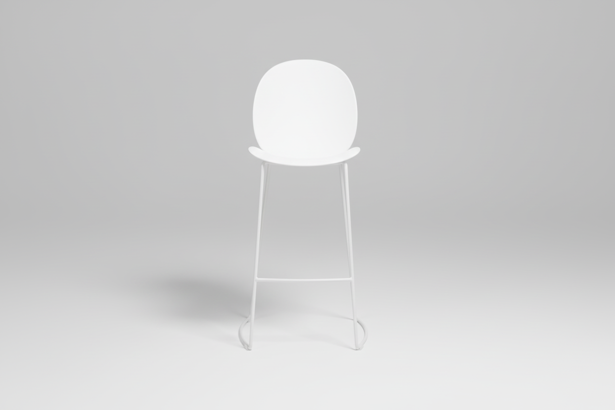 White bar stool with a minimalist design on a white background