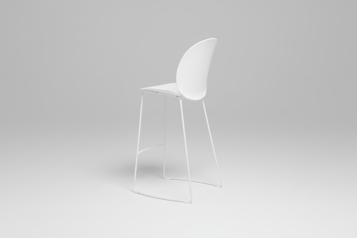 White bar stool with a minimalist design on a white background