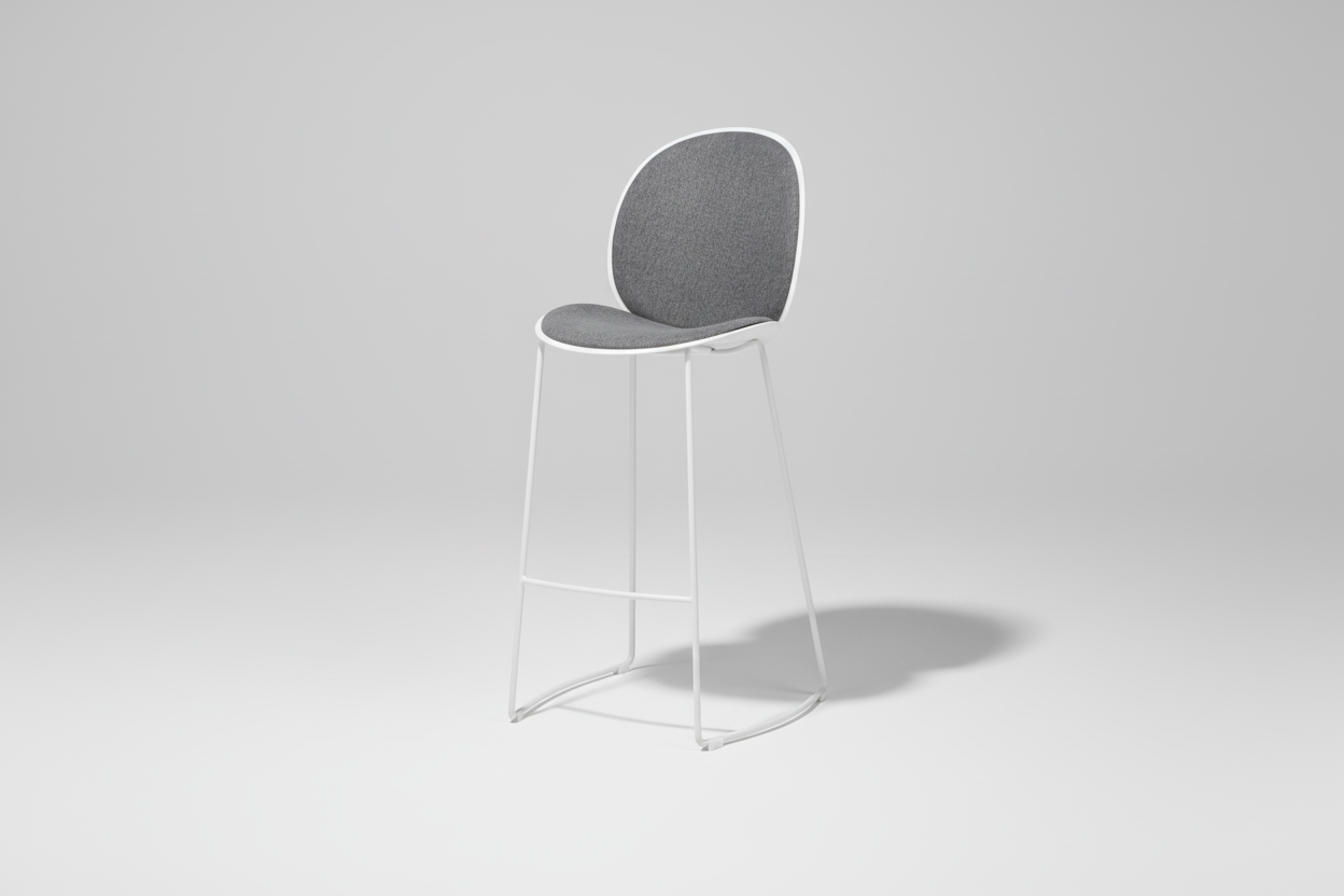 Bar stool with gray cushioned seat and white metal frame on a white background