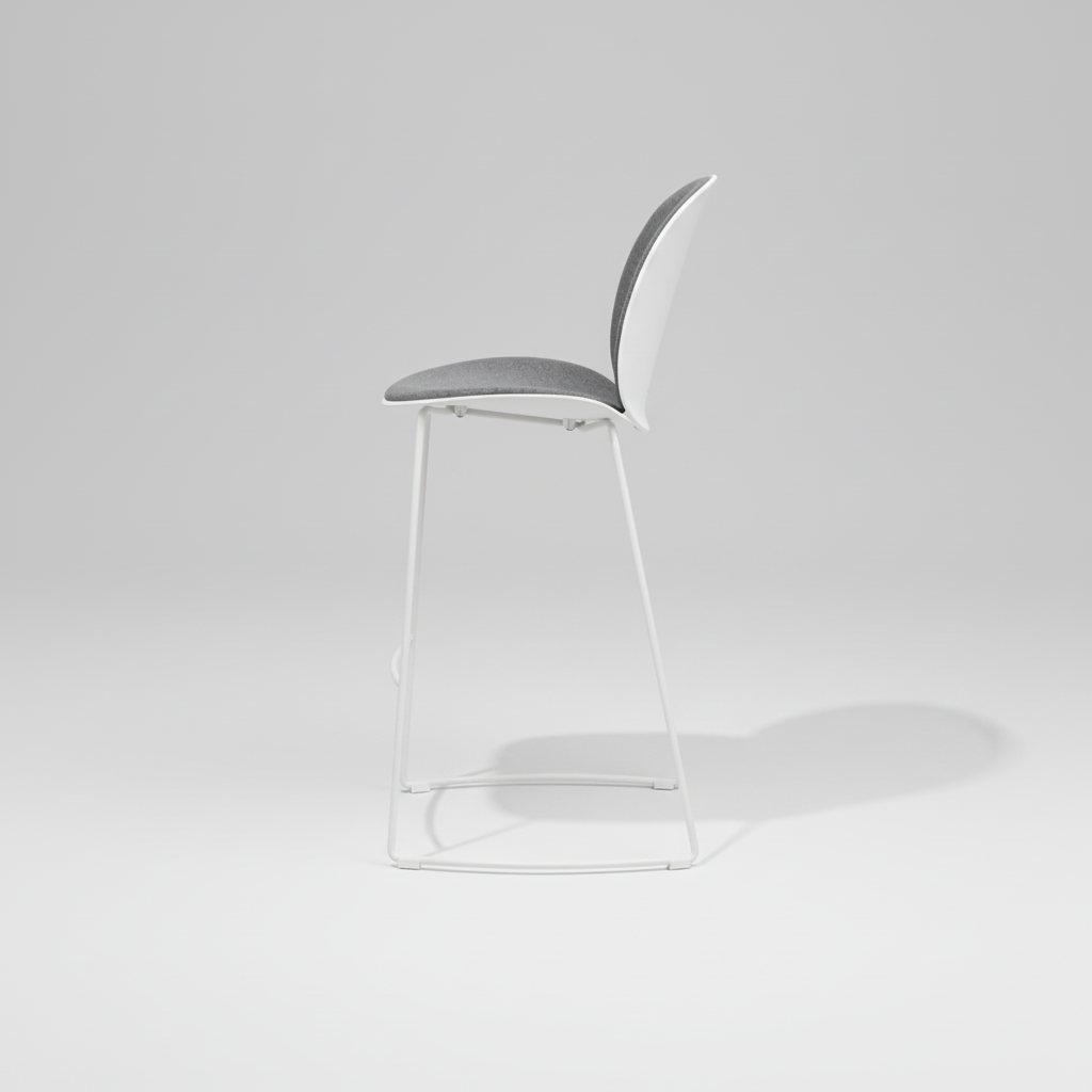 Modern chair with white frame and gray cushion on a white background 