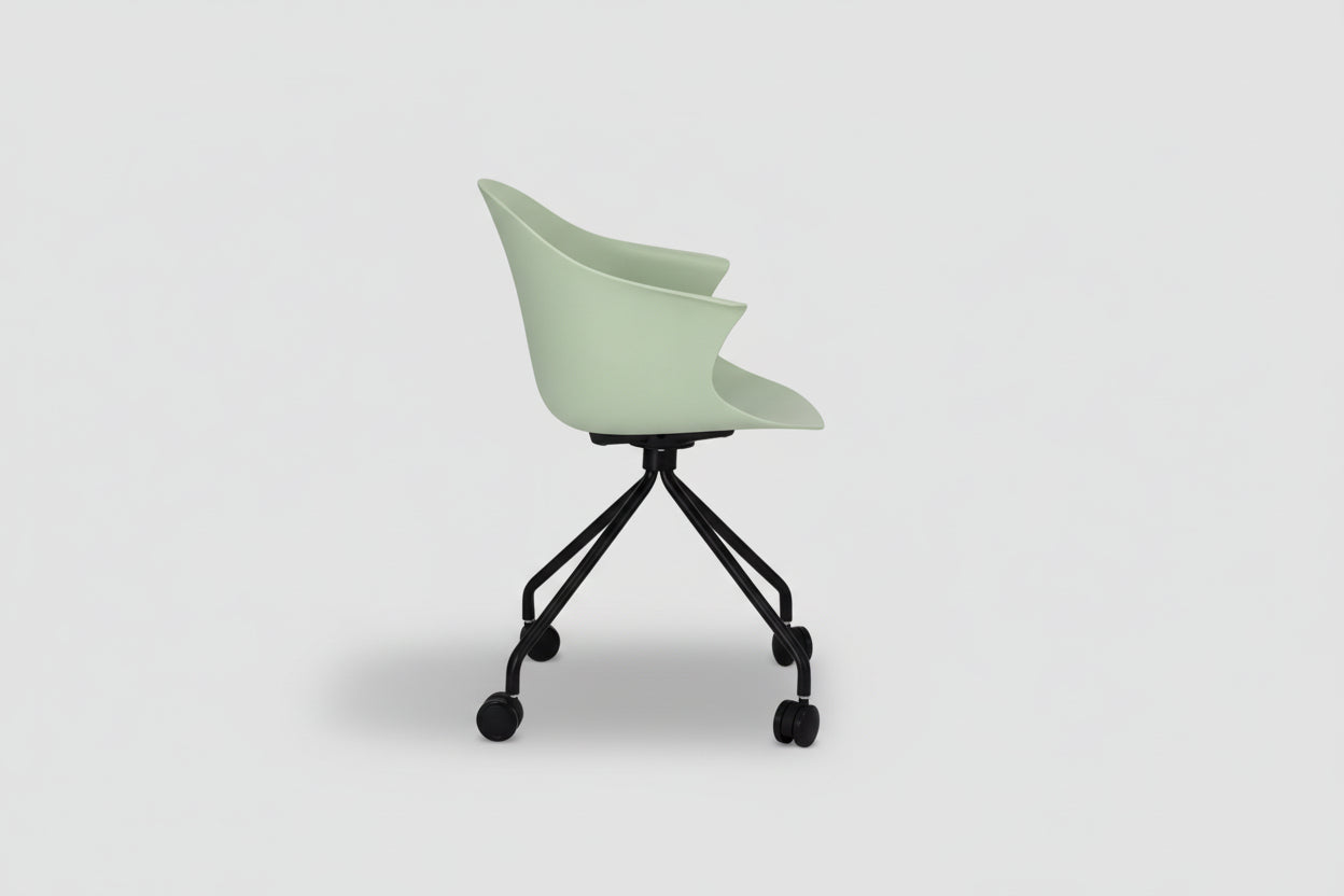 Light green chair with black wheels on a white background