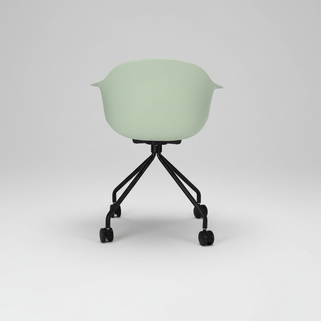 Light green office chair with black wheels on a white background
