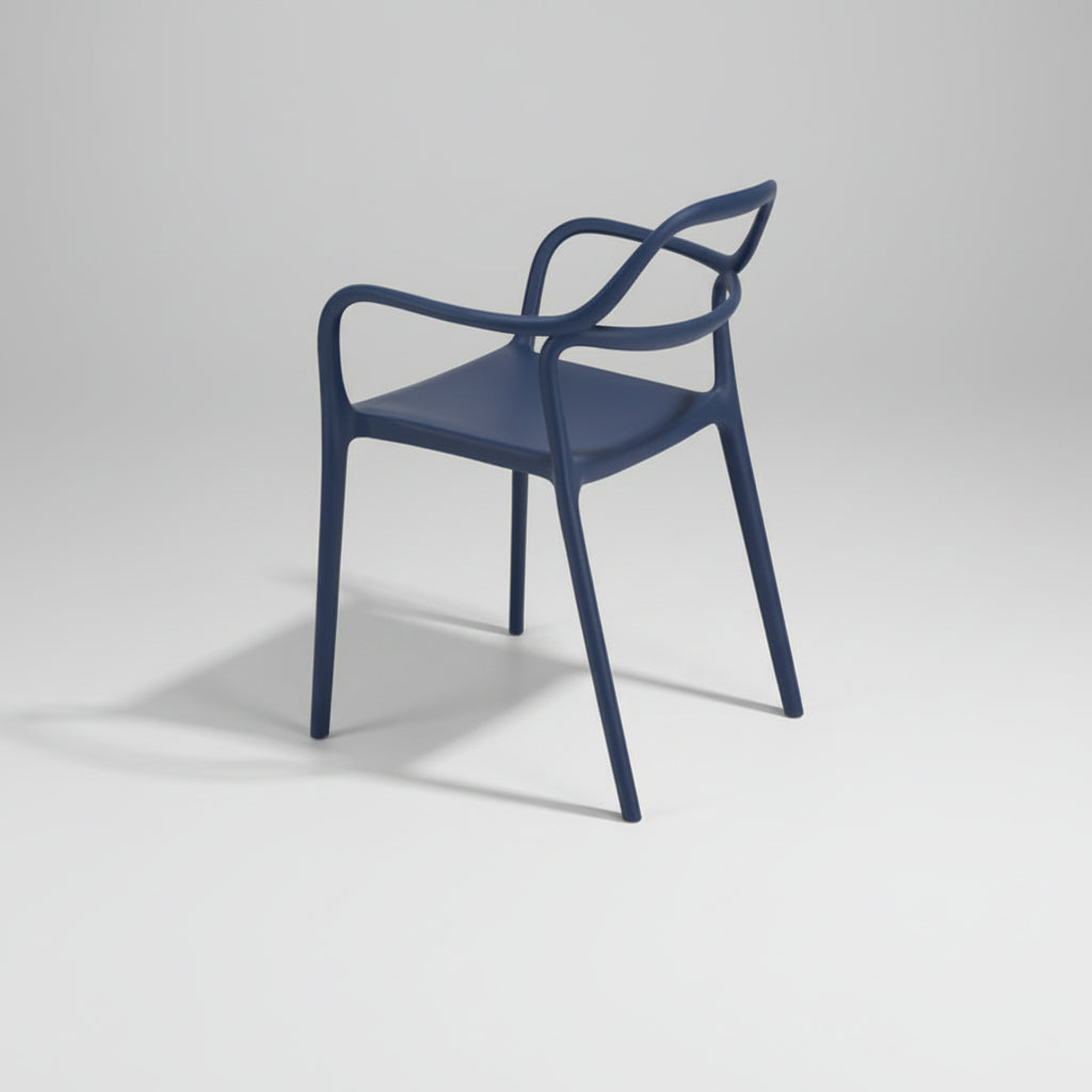 Navy blue chair with modern design on a white background