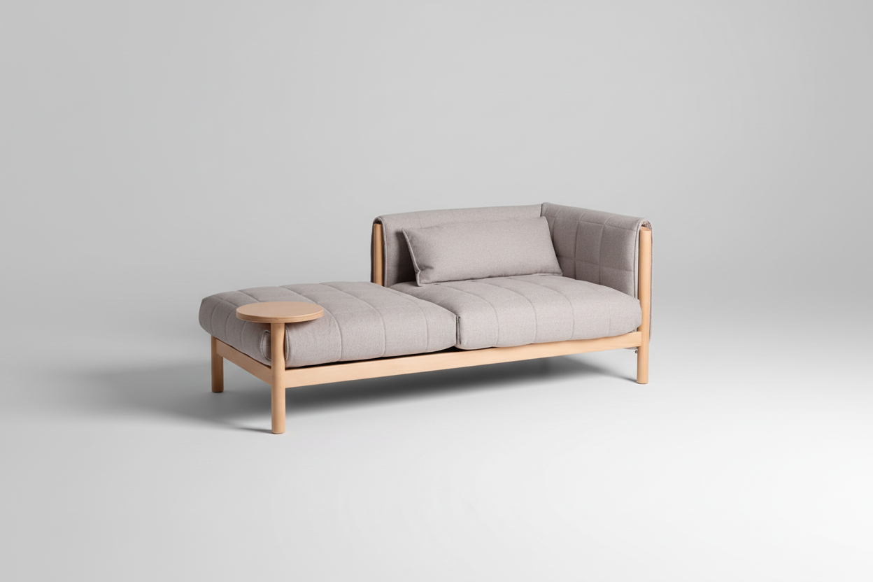 Gray upholstered sofa with wooden frame and armrest on a white background