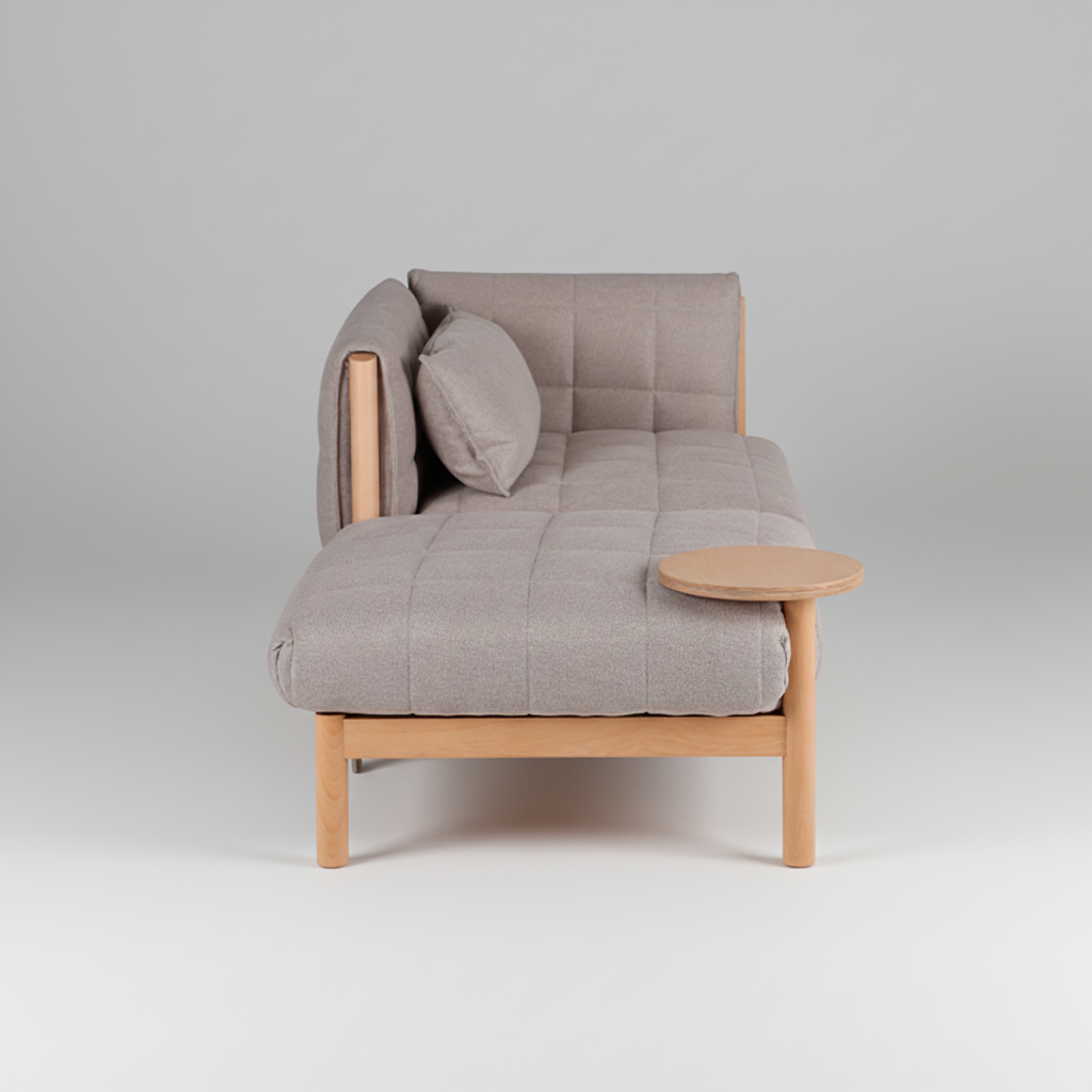 Gray upholstered chair with wooden frame and small table on a white background
