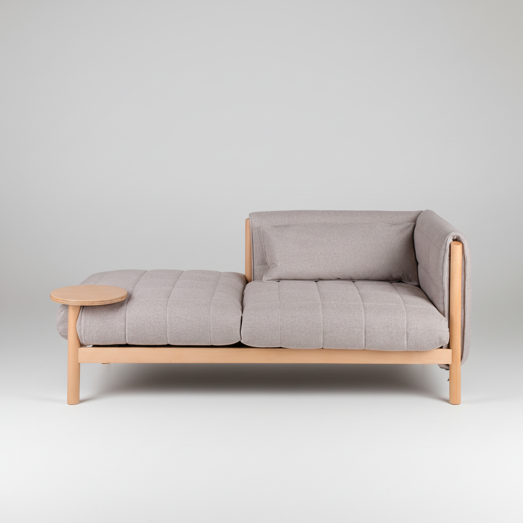 Gray sofa with wooden frame and armrest on a white background