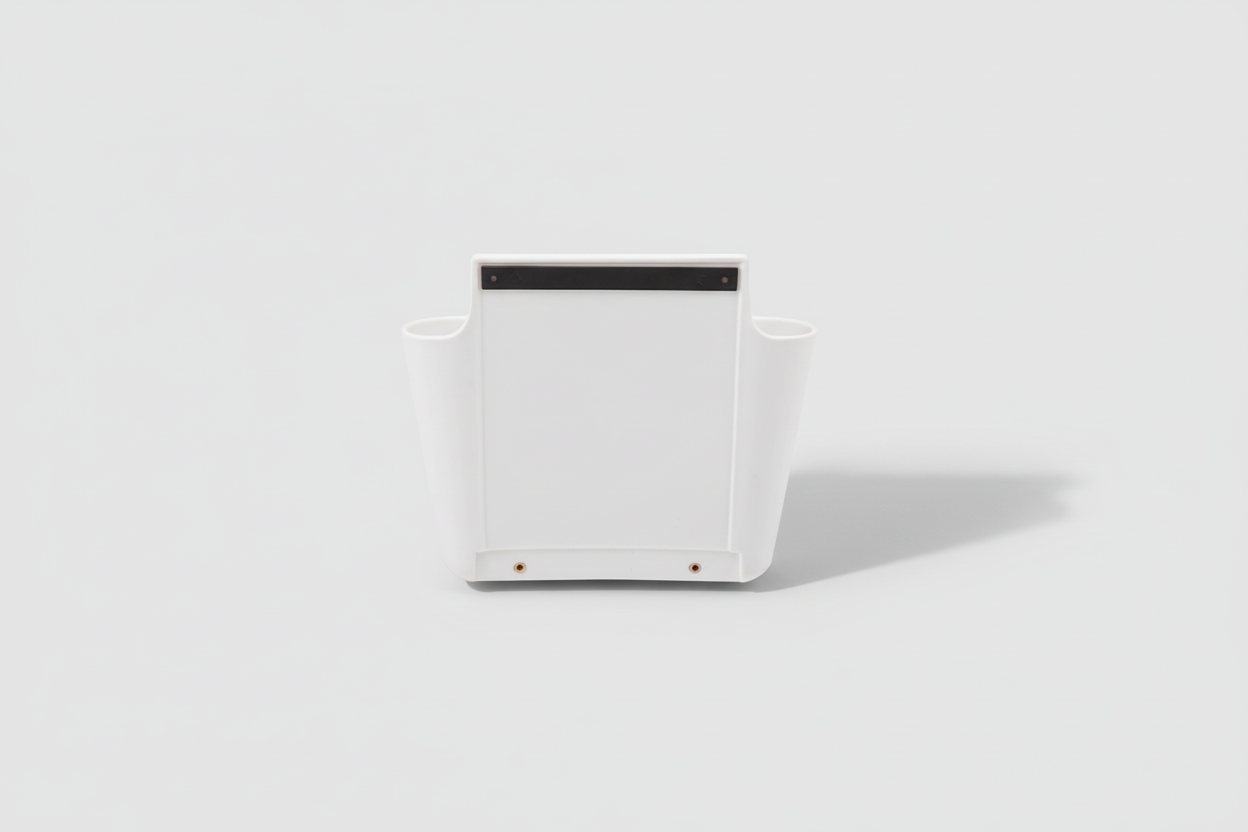 White wall-mounted magazine holder on a white background