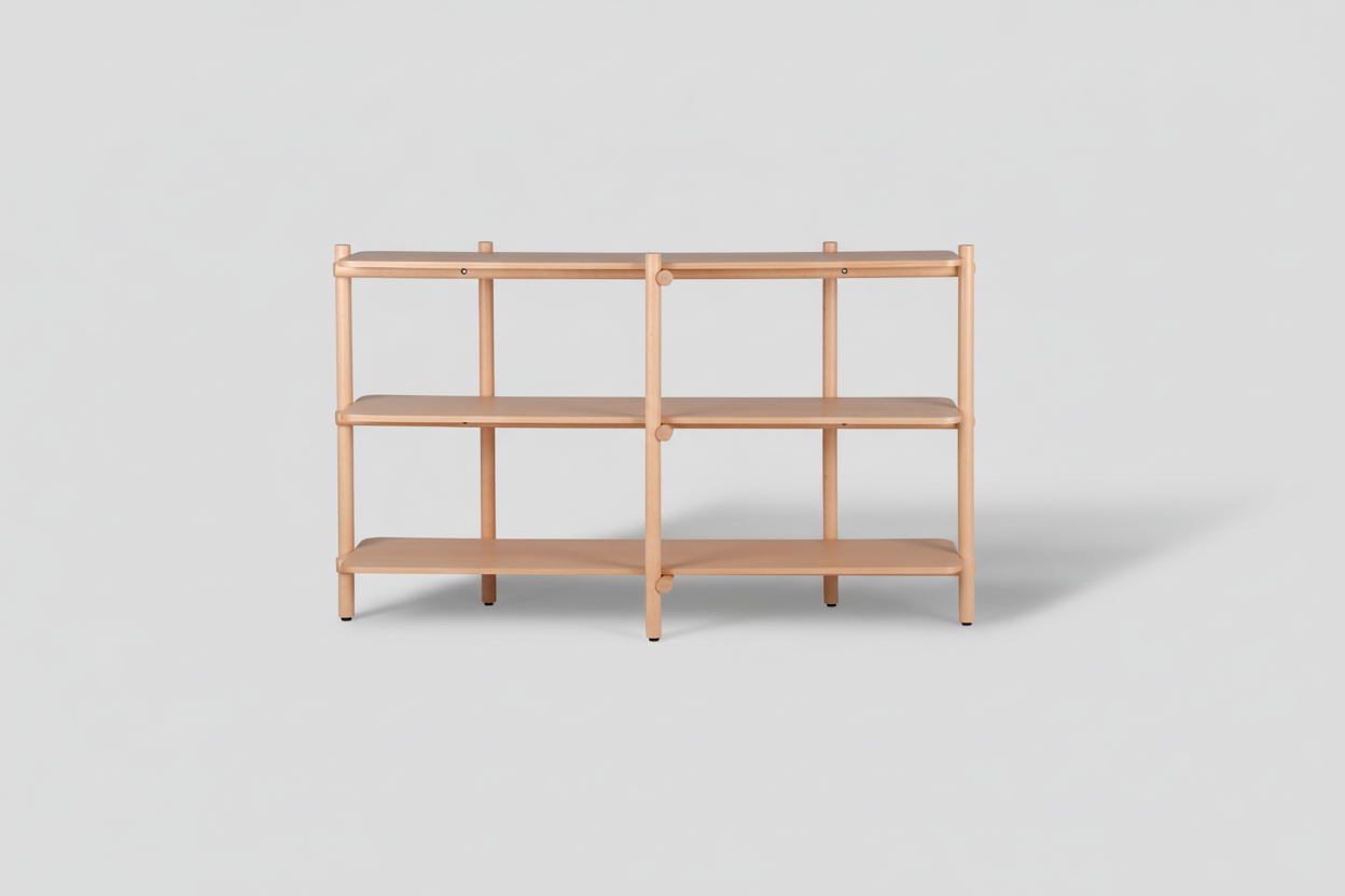 Wooden shelf with four shelves on a white background