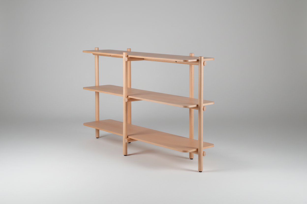 Wooden shelf with three shelves on a white background