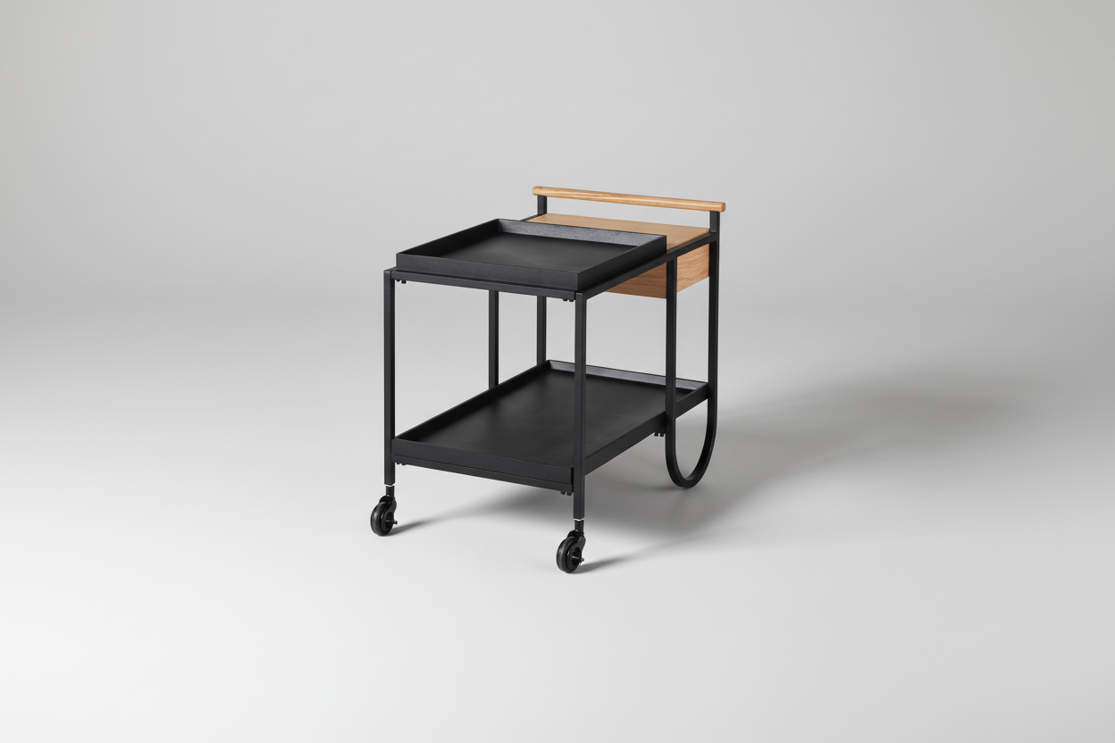 Black serving cart with wooden top on a white background