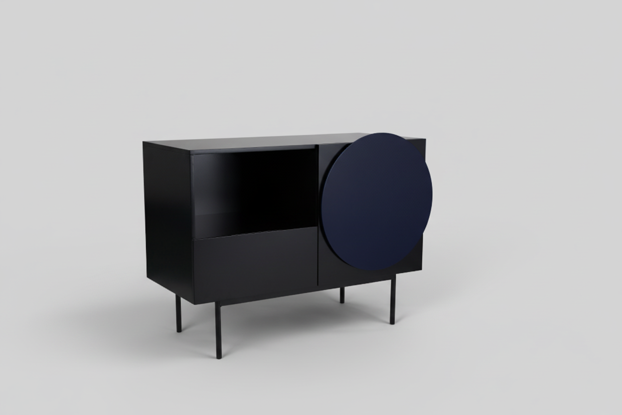 Black cabinet with a round blue door on a white background