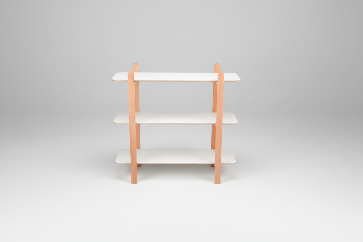 Wooden shelf with white shelves on a white background