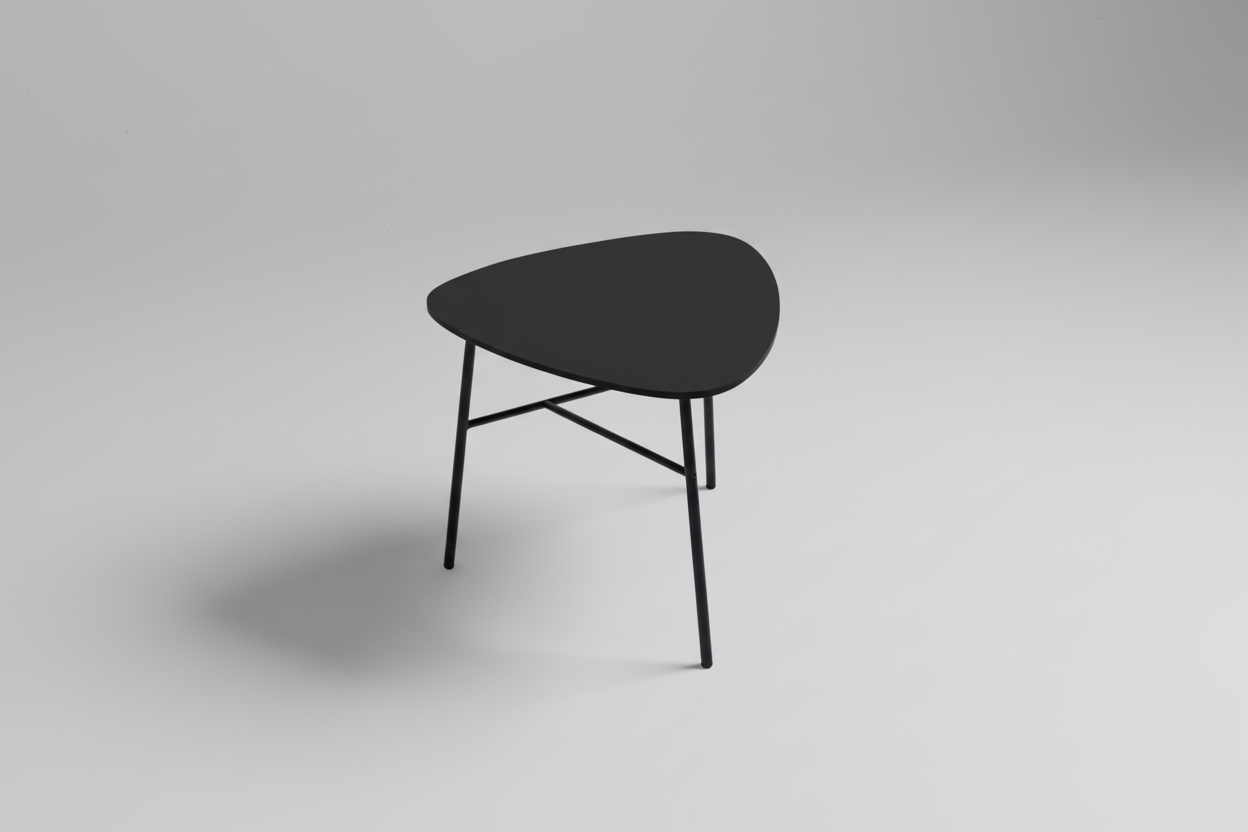 Black stool with a round seat and four legs on a white background