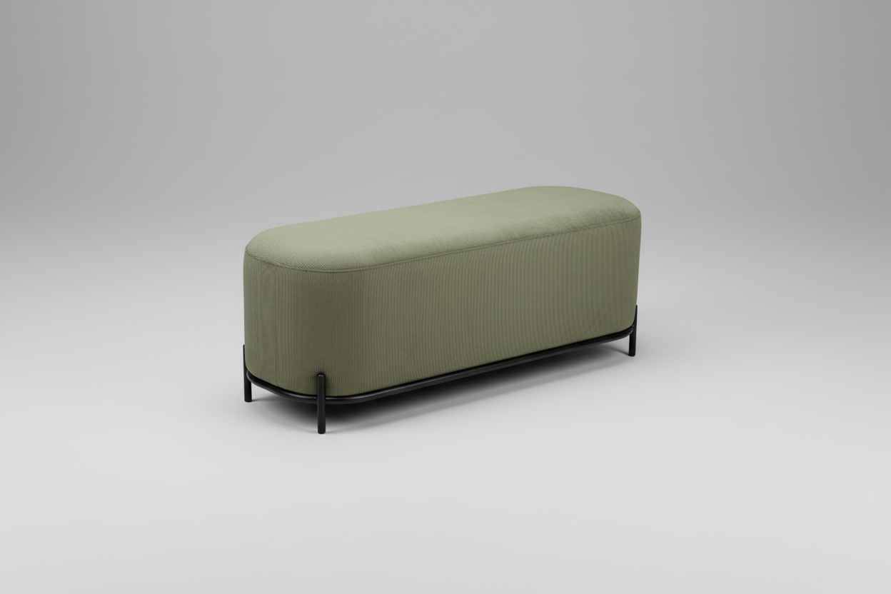 Green ottoman with black metal frame on a white background