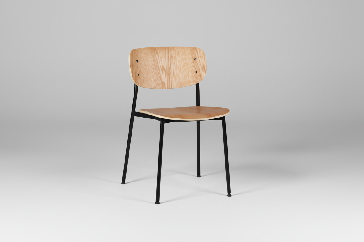Wooden chair with black metal legs on a white background
