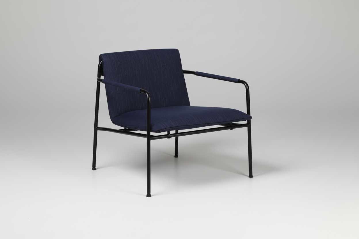 Navy chair with black frame on a white background