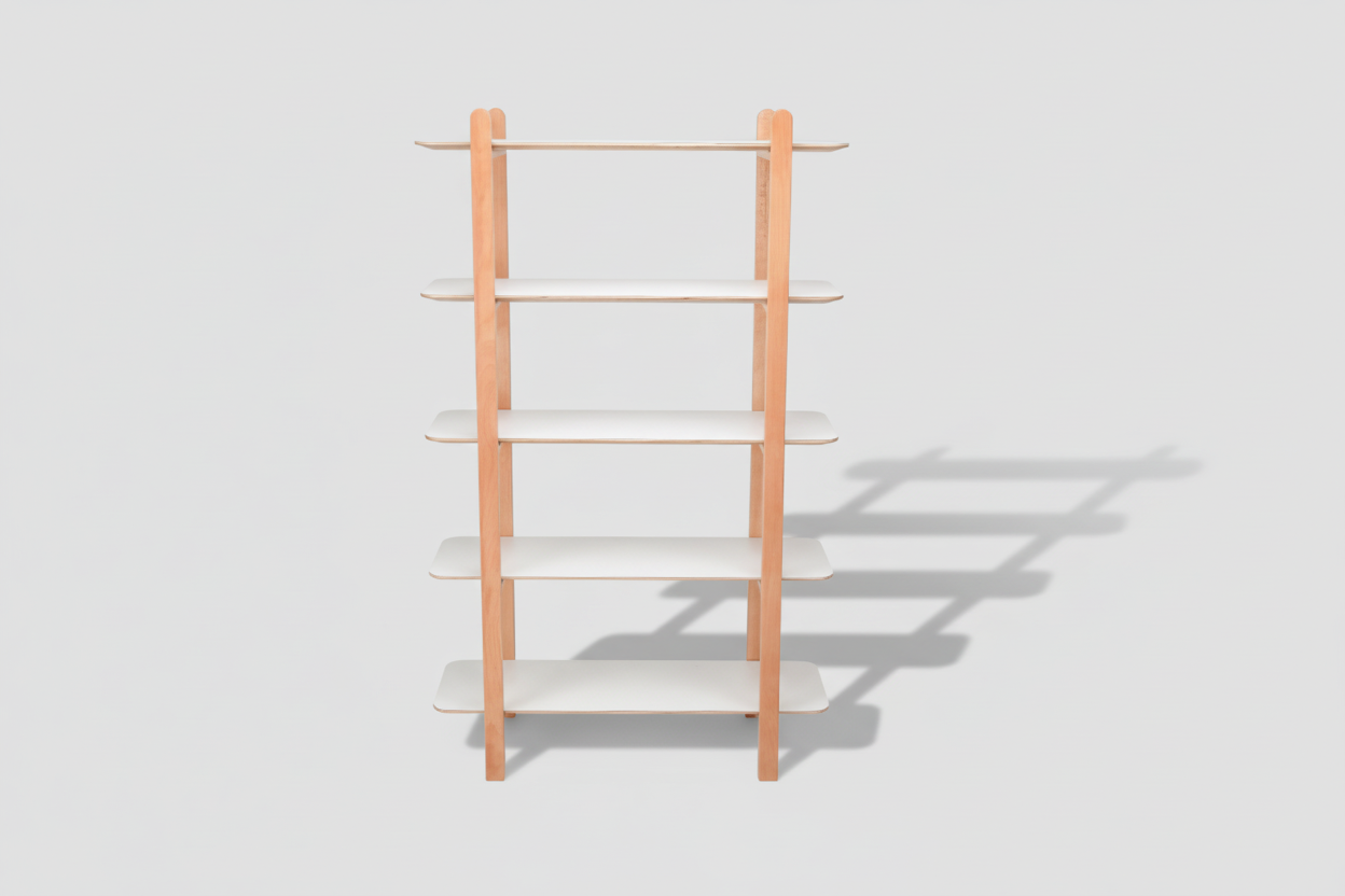 Wooden shelf with white shelves on a white background