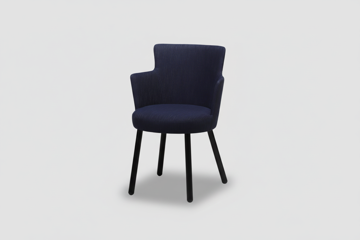 Navy blue chair with black legs on a white background