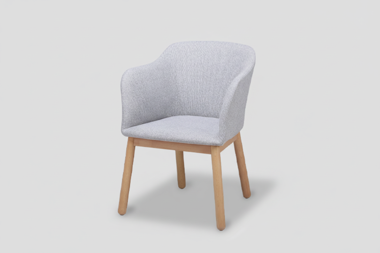 Chair with gray cushioned seat and backrest on a white background