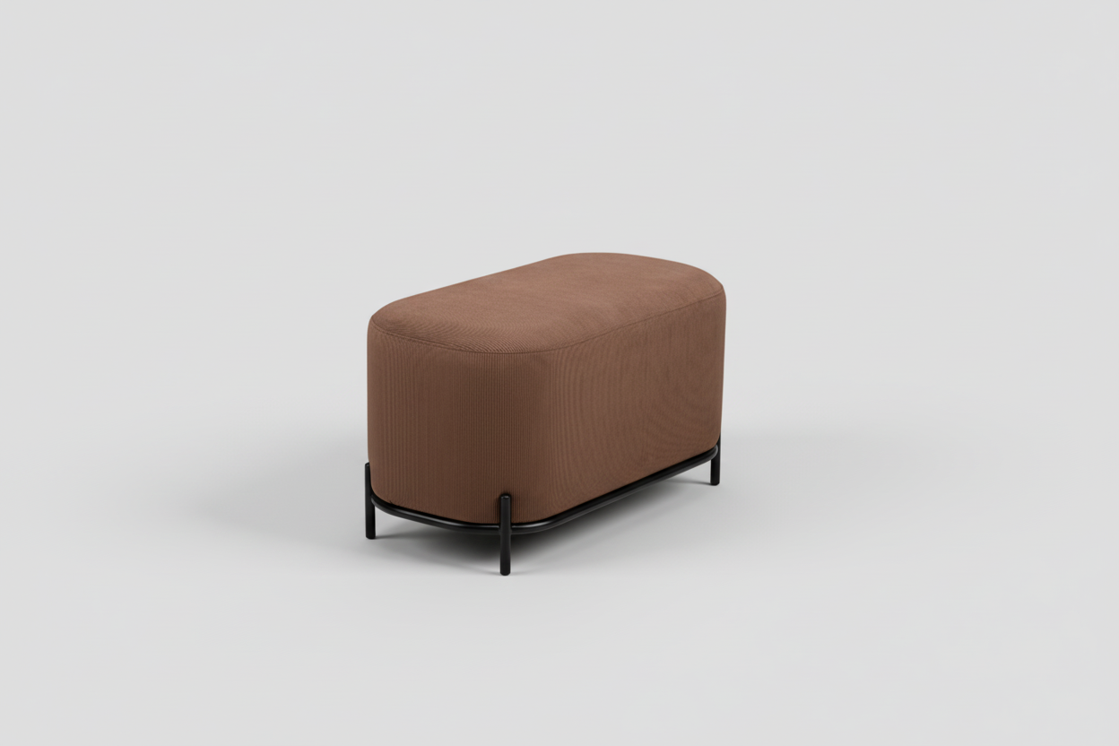Brown ottoman with black metal legs on a white background