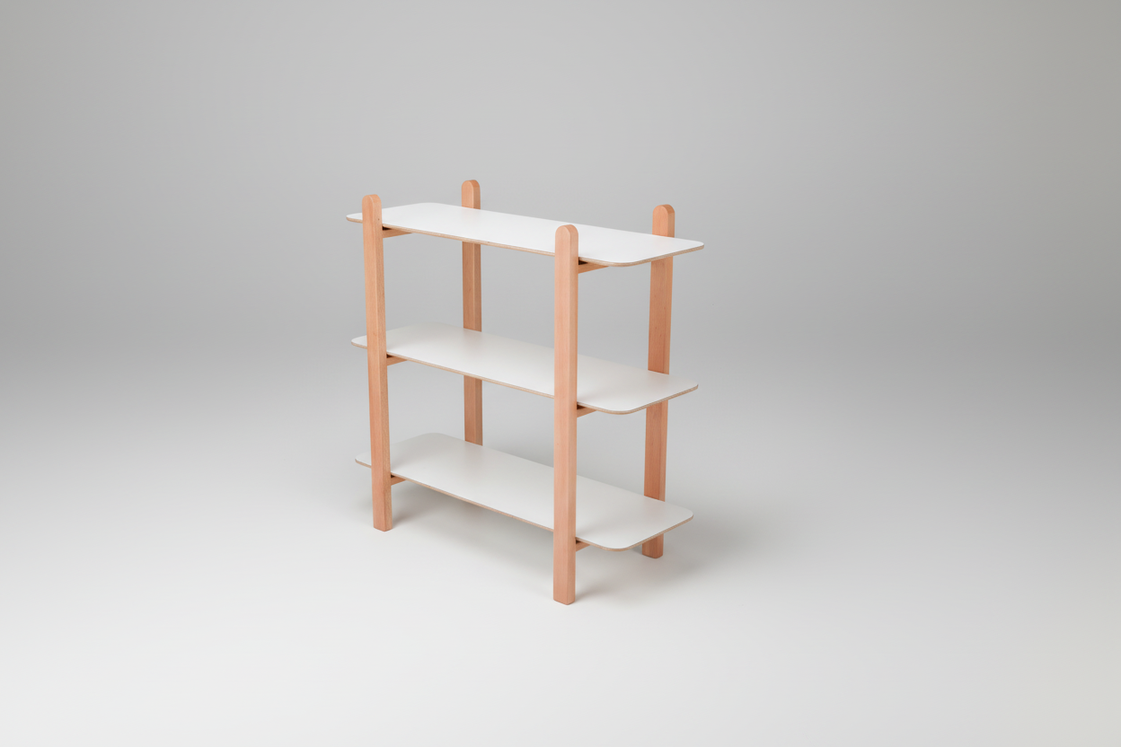 Three-tiered shelf with white shelves and wooden frame on a white background