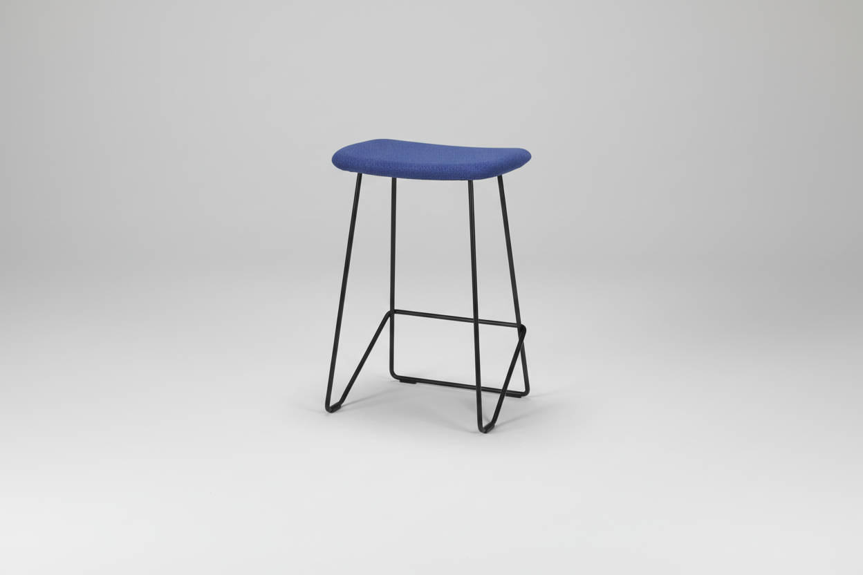 Blue stool with black metal frame on a white background